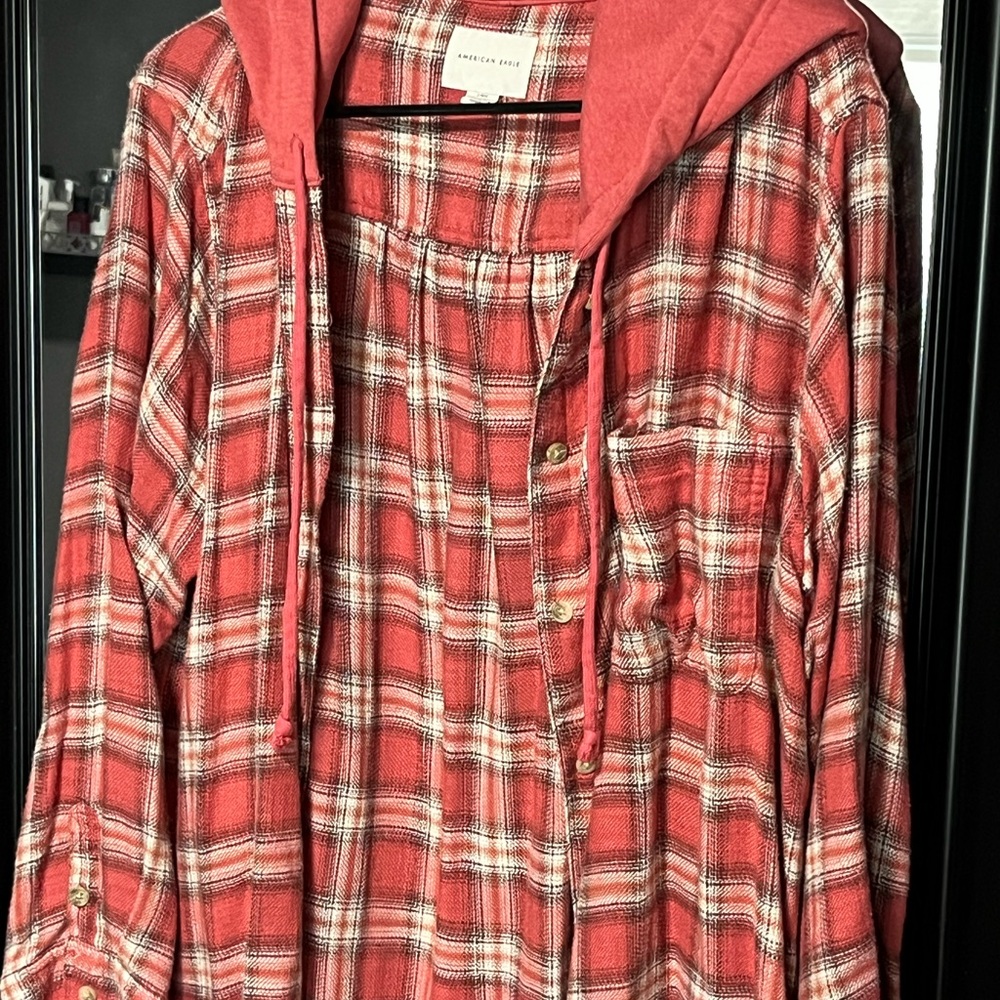 American Eagle Outfitters Red Plaid Shirt with Hood